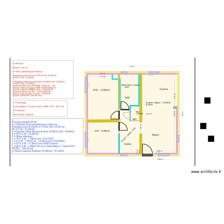 Pibrac Détails : peinture / carrelage / Placo. Plan de 4 pièces et 68 m2