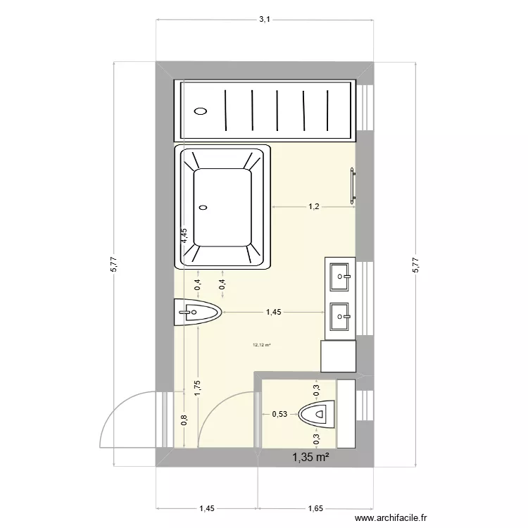 salle de bain 1. Plan de 2 pièces et 13 m²