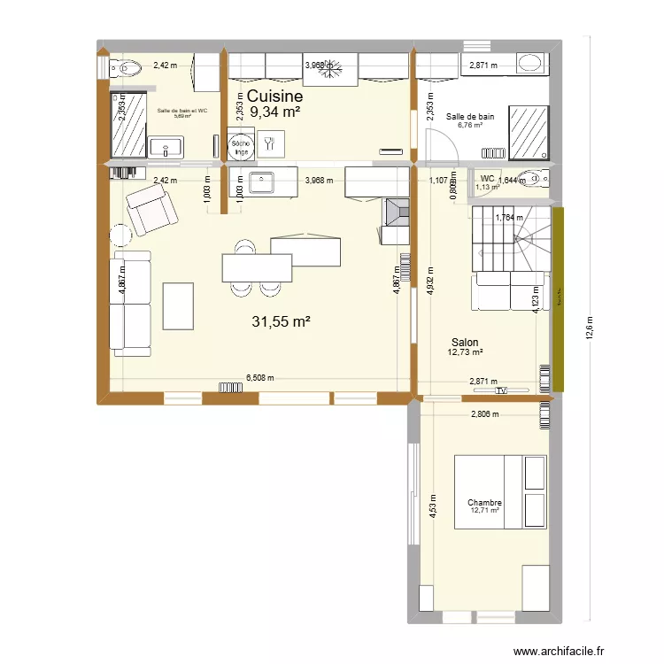 PLAN cuisine porte centr&eacute;e MURS. Plan de 