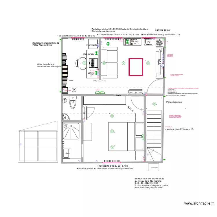 Def. salon chambre 3 fenetres velux. Plan de 2  et 37 m²