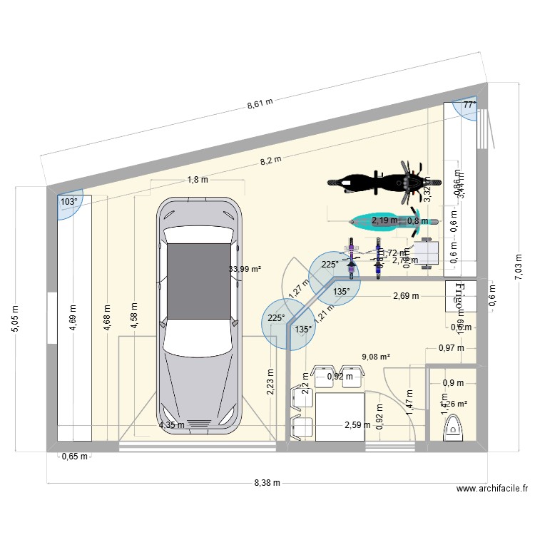 garage reel. Plan de 3 pièces et 44 m2
