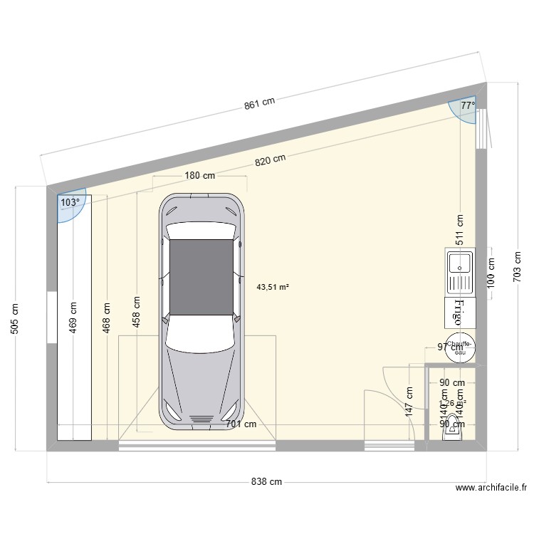 garage reel. Plan de 2 pièces et 45 m2