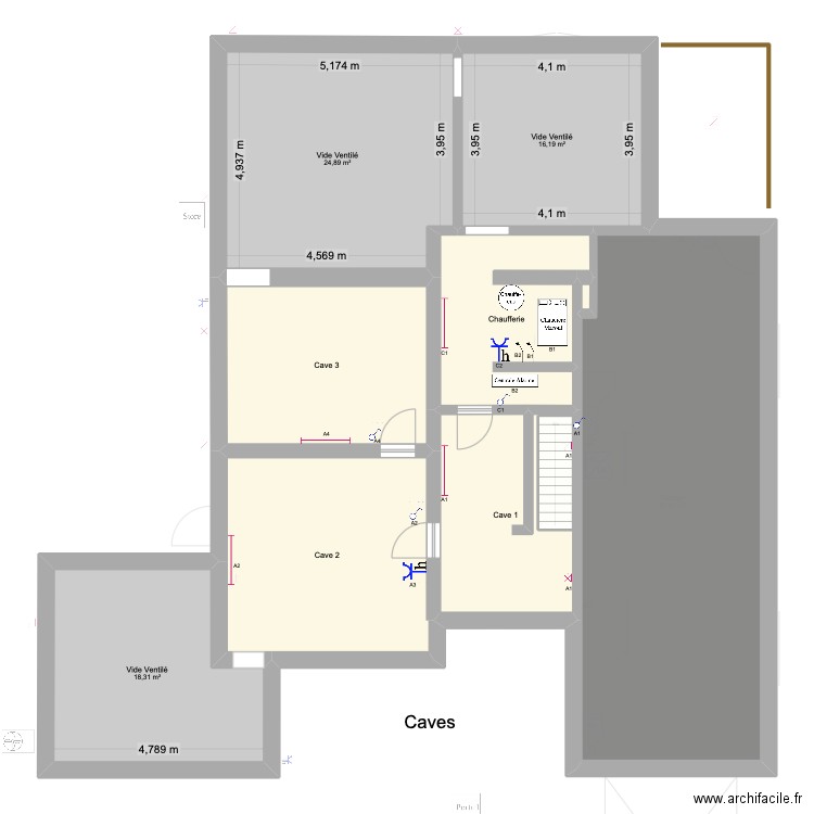 Cave 5. Plan de 19 pièces et 344 m2
