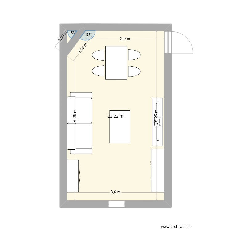 salon. Plan de 1 pièce et 22 m2