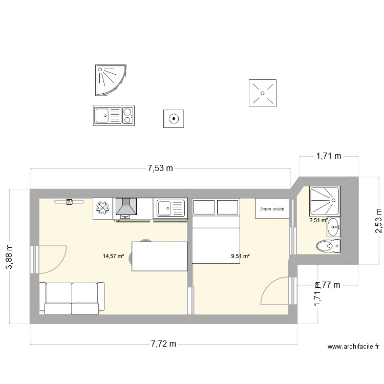36 bis T2. Plan de 3 pièces et 27 m2
