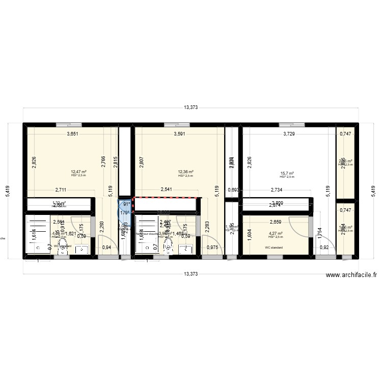 dortoir. Plan de 11 pièces et 60 m2