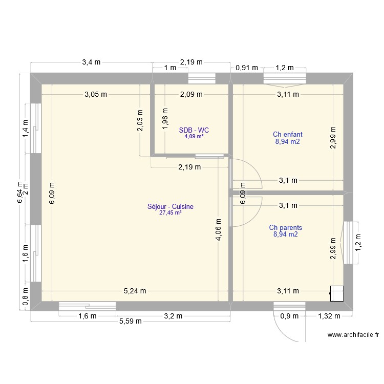MOB Plan de niveau sans meuble. Plan de 3 pièces et 50 m2
