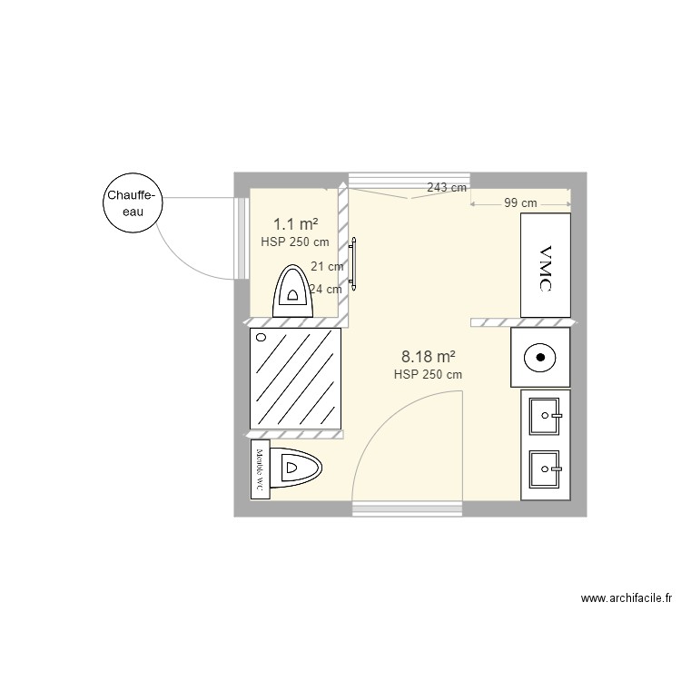 S.D.D. 1er. Plan de 2 pièces et 9 m2