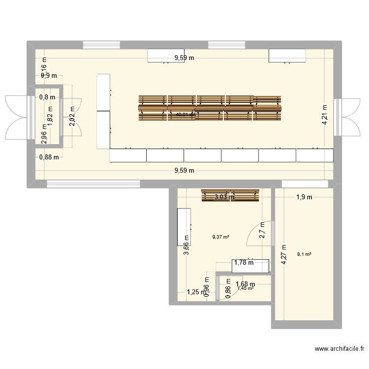 Aménagement vestiaires. Plan de 4 pièces et 59 m2