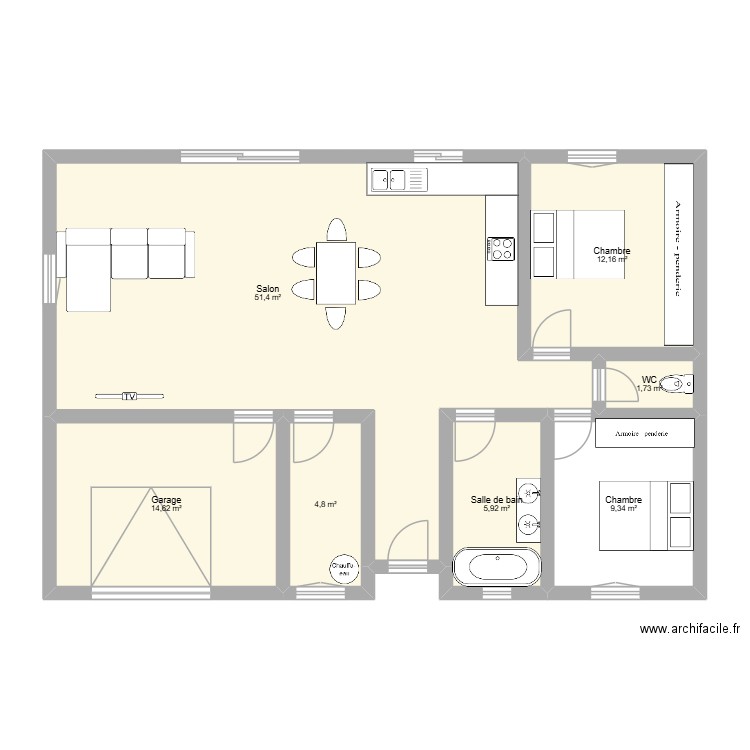 maison 2 chambres grand salon. Plan de 7 pièces et 100 m2