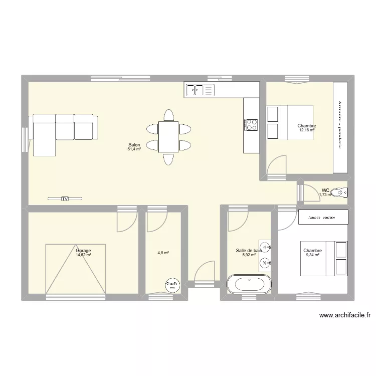 maison 2 chambres grand salon. Plan de 7  et 100 m²