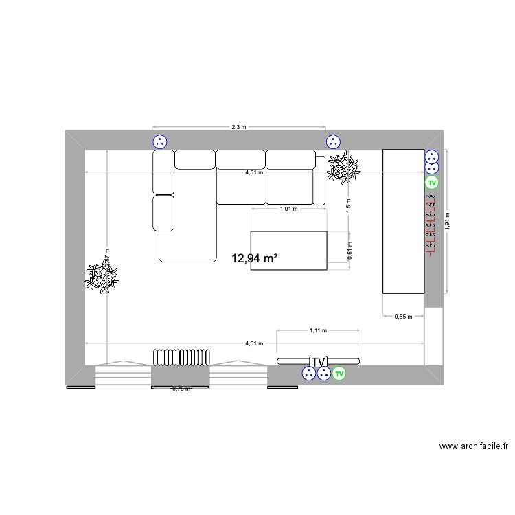 salon. Plan de 1 pièce et 13 m2