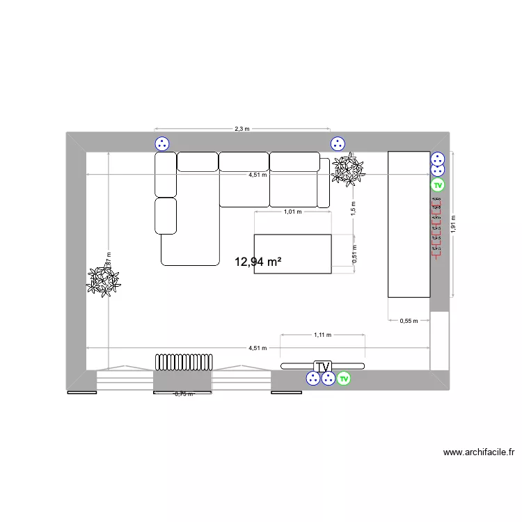 salon. Plan de 1 pièce et 13 m²