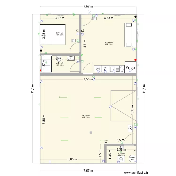 nouv plan + equipement 2 + Lit + elect SANS RDC. Plan de 14  et 212 m²