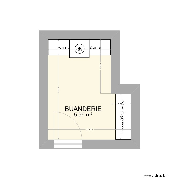 Buanderie thue et mue. Plan de 1 pièce et 6 m2