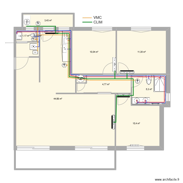 Plomberie - Clim - VMC. Plan de 10 pièces et 92 m2