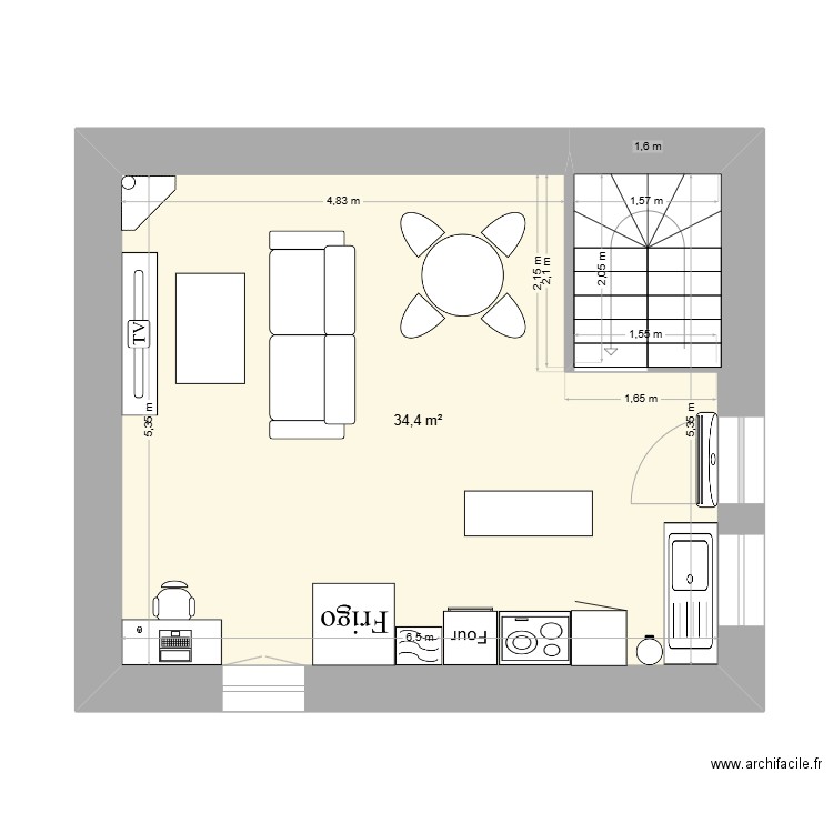 Etage 1 ( salon/ Cuisine) V1. Plan de 1 pièce et 34 m2