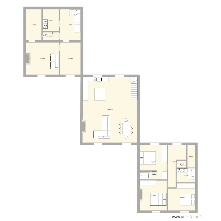 Maison rouge. Plan de 14 pièces et 161 m2