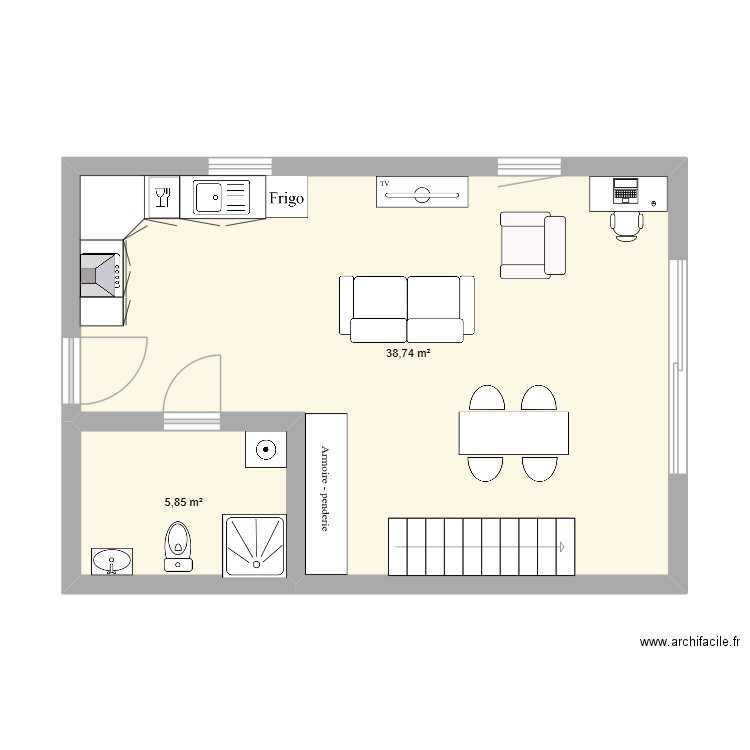 Grange V2. Plan de 2 pièces et 45 m2