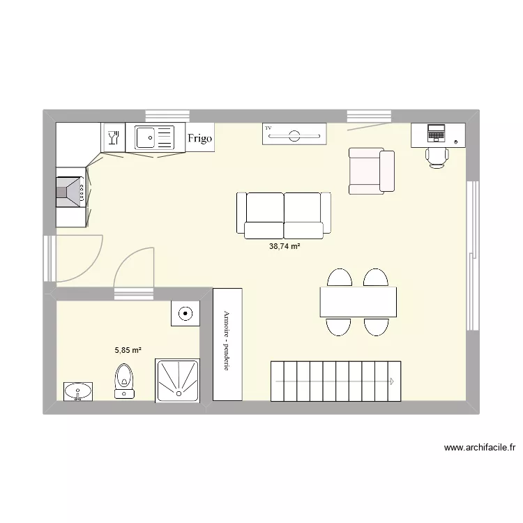 Grange V2. Plan de 2  et 45 m²