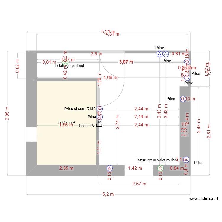 chambre bureau. Plan de 1 pièce et 5 m2