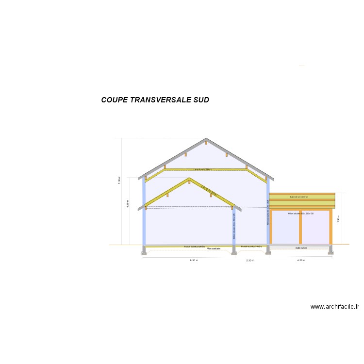 coupe Façade Sud. Plan de 3 pièces et 56 m2