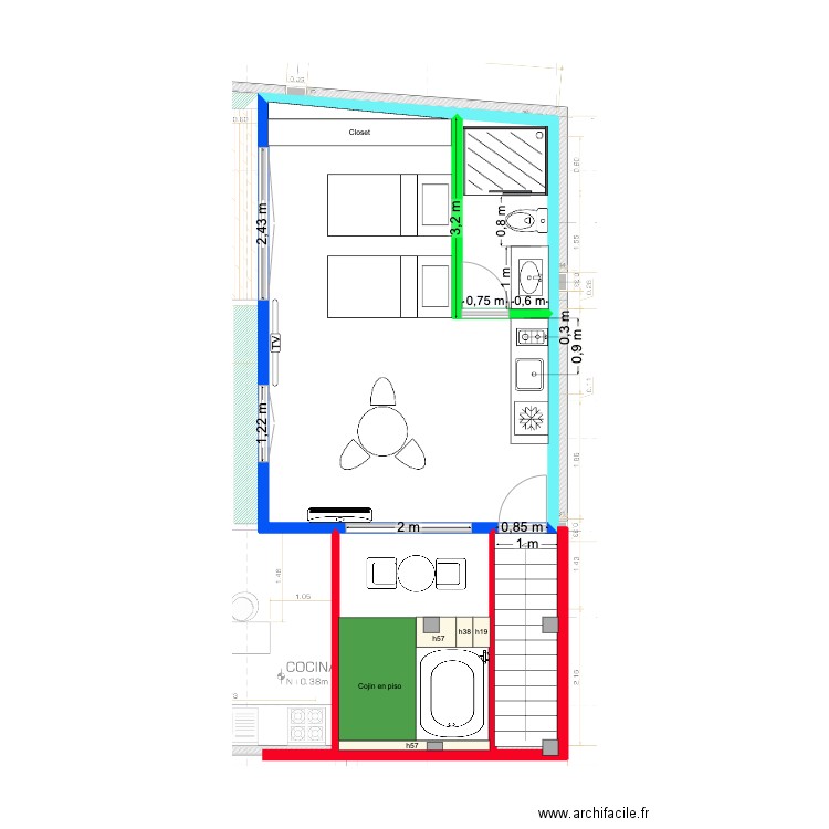 2ndo piso. Plan de 3 pièces et 37 m2