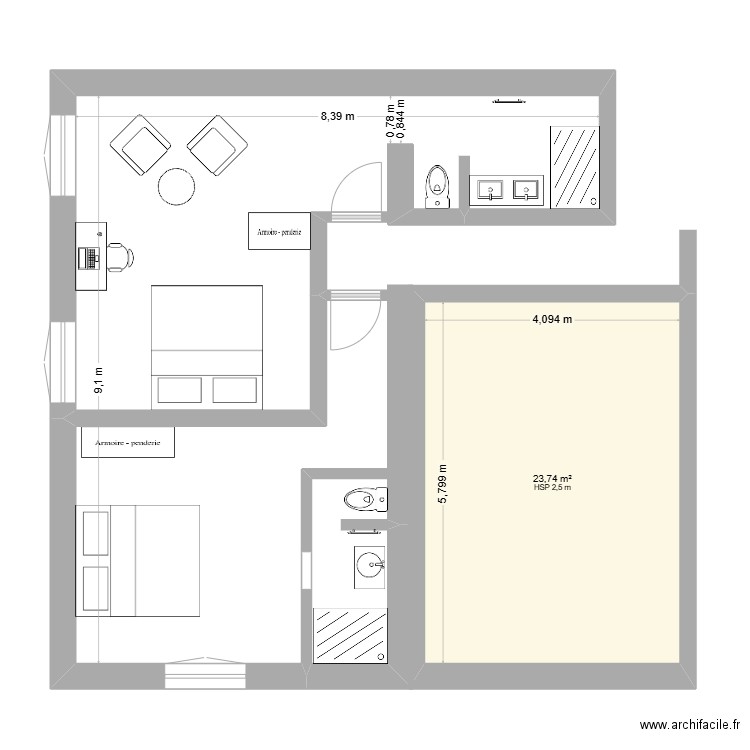 R+1_ch familiale. Plan de 1 pièce et 24 m2