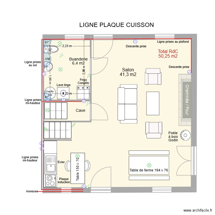 Electricité ligne plaque cuisson. Plan de 3 pièces et 50 m2