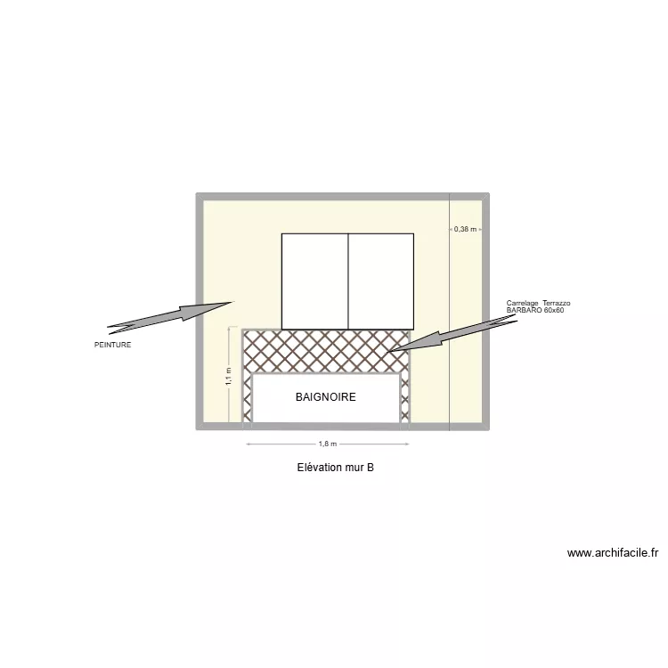 El&eacute;vation Mur B 2 SDB &eacute;tage. Plan de 