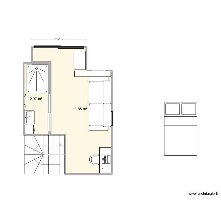 SdB. Plan de 2 pièces et 15 m2