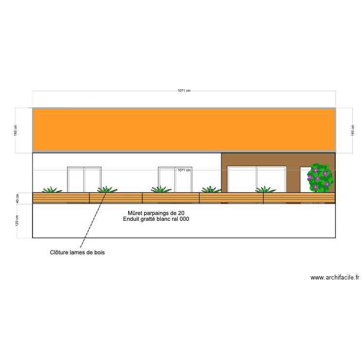 facade mûret cloture bois. Plan de 1 pièce et 16 m2