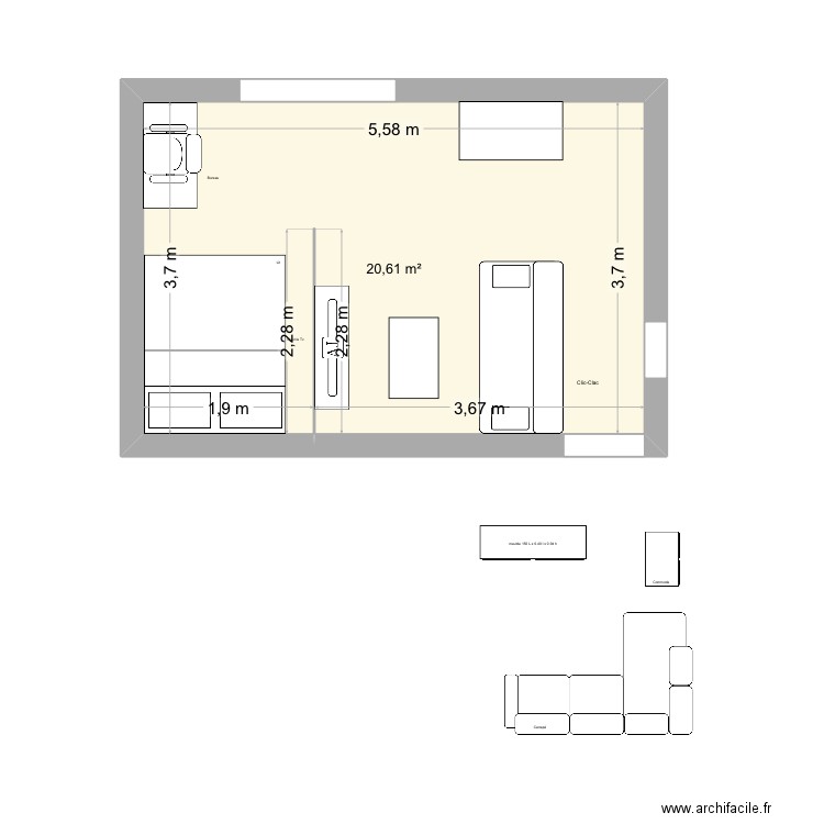 longue. Plan de 1 pièce et 21 m2