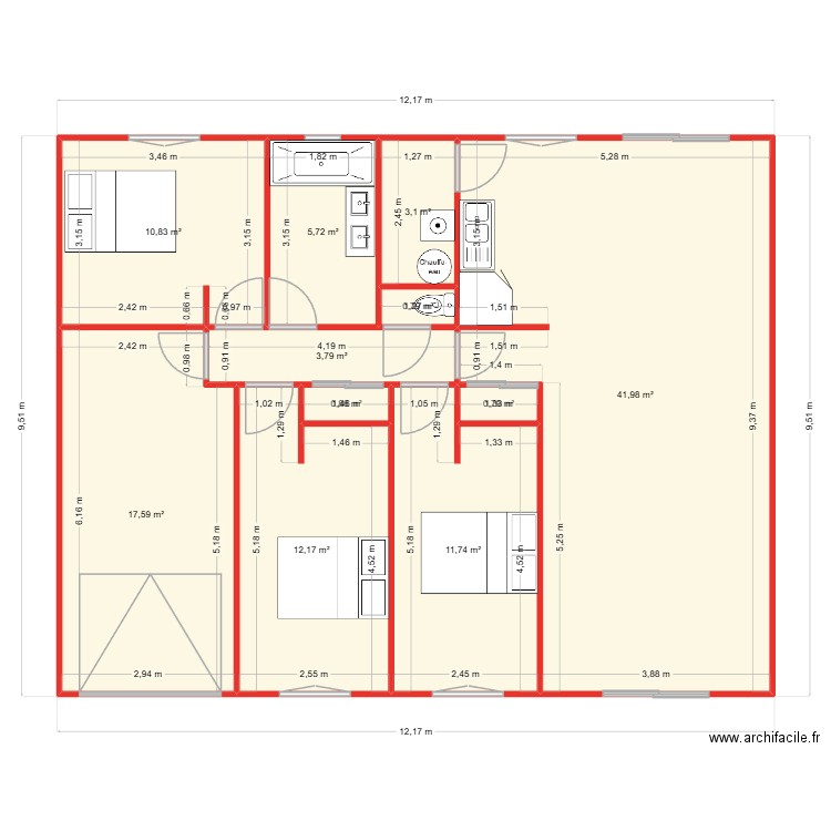 Maison 3 CH V4. Plan de 11 pièces et 109 m2