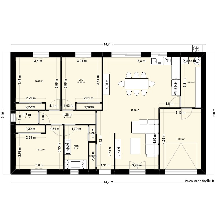 PLAN 90m². Plan de 14 pièces et 114 m2