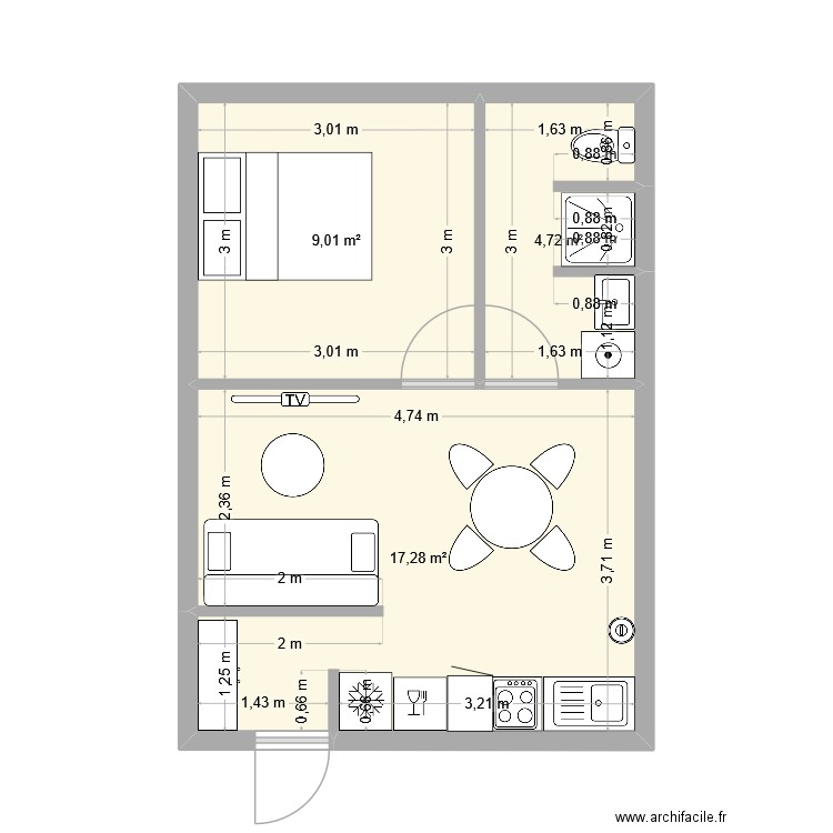 MAISON 1 (1 chambre). Plan de 3 pièces et 31 m2