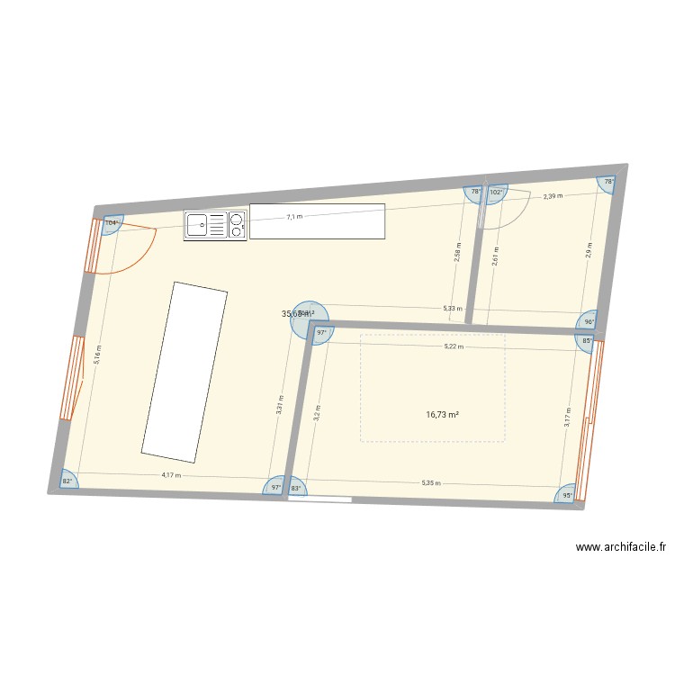 Atelier1. Plan de 2 pièces et 52 m2