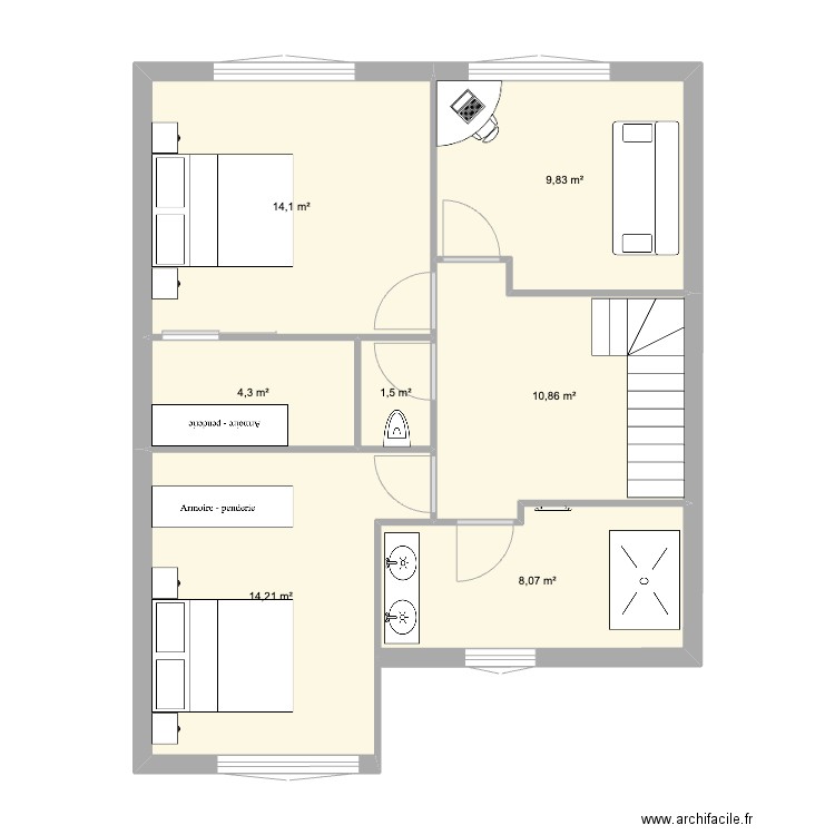 Petite maison étage sup. Plan de 7 pièces et 63 m2