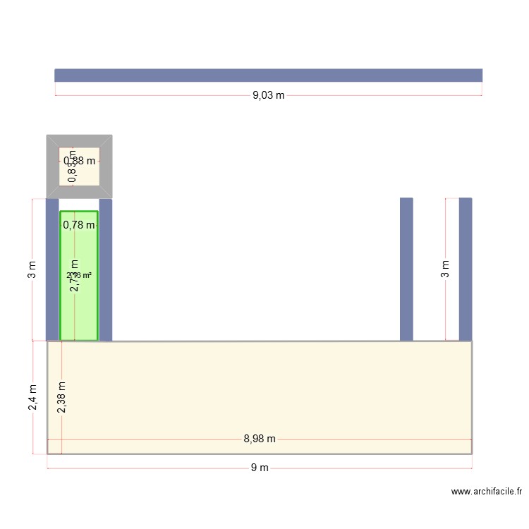 terrasse. Plan de 3 pièces et 24 m2