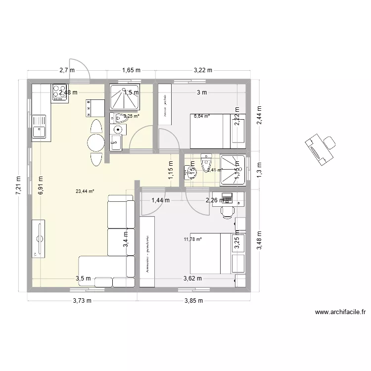 plan 2 chbres Mv&eacute;. Plan de 5  et 48 m²