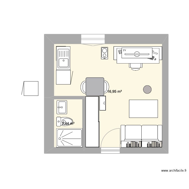 Chambrette 2. Plan de 2 pièces et 19 m2