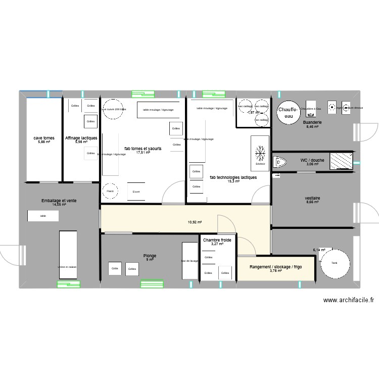 Fromagerie. Plan de 14 pièces et 114 m2