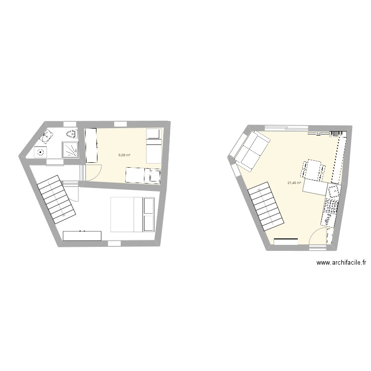 RC appartement. Plan de 2 pièces et 31 m2