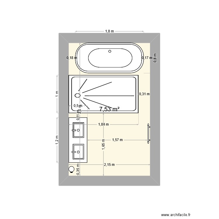 SDB. Plan de 1 pièce et 8 m2