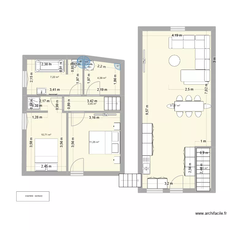 rdc 2 chambres. Plan de 7 pièces et 76 m²