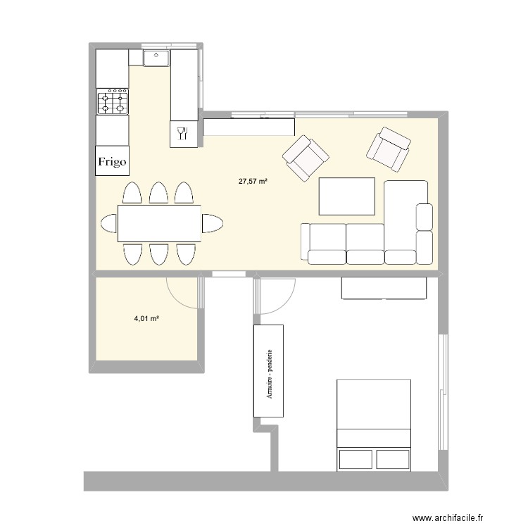 45 Kensington Heights - plan avec mur cassé. Plan de 2 pièces et 32 m2