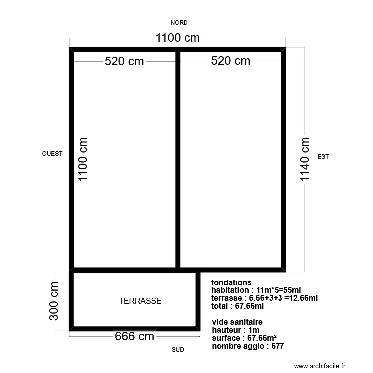 plan ma&ccedil;onnerie fondations+vide sanitaire. Plan de 