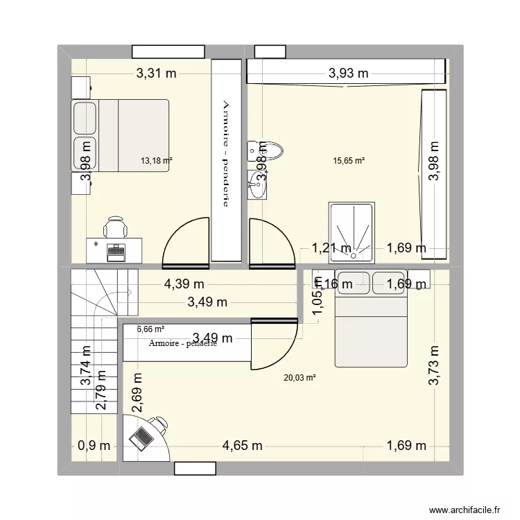 Etage. Plan de 4 Pièces et 56 m²