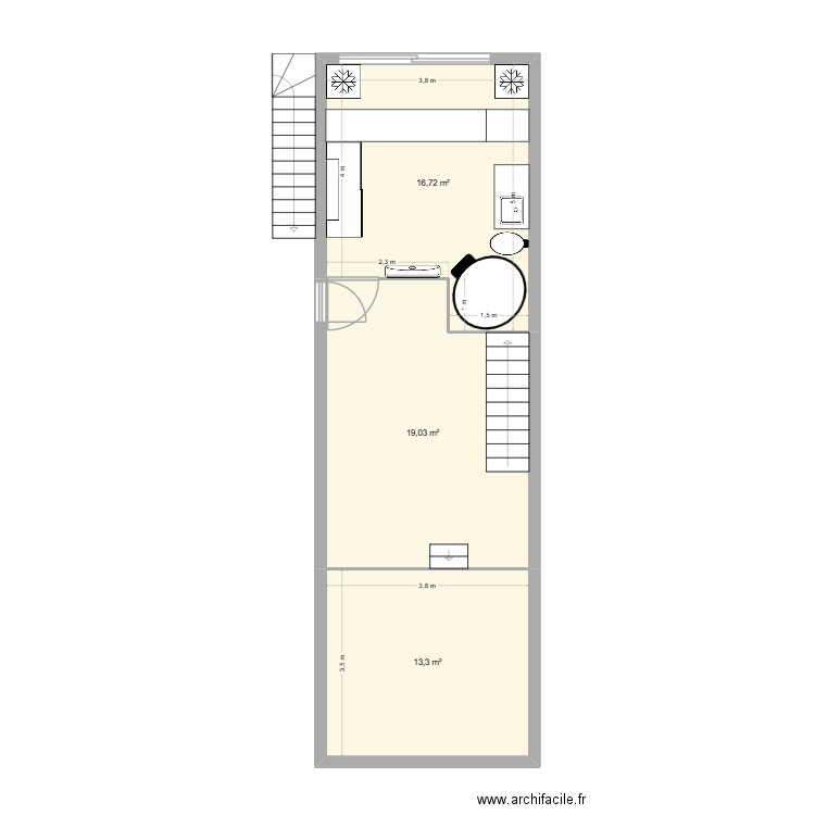 pizza garage. Plan de 3 pièces et 49 m2