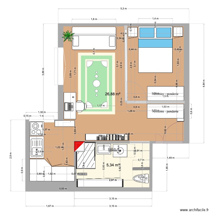 75 Vauvenargues V2. Plan de 2 pièces et 32 m2
